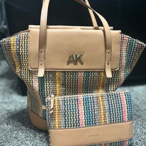 Anne Klein Tan and Multicolor Striped Tote with clutch